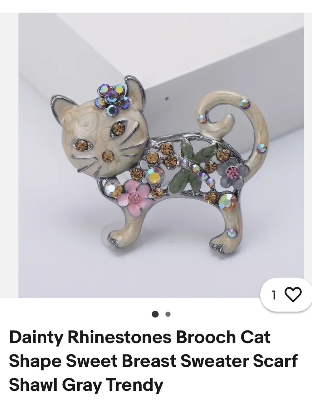 Hand-Painted Jeweled Cat Brooch - Pastel Green Floral Accents - Picture 7 of 7
